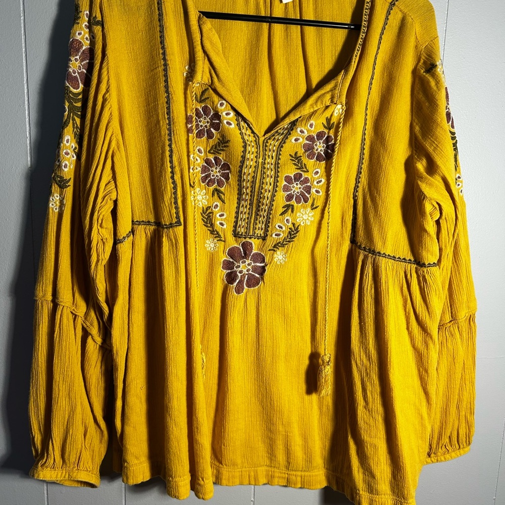Yellow Embroidered  Boho 1x Women's Top
